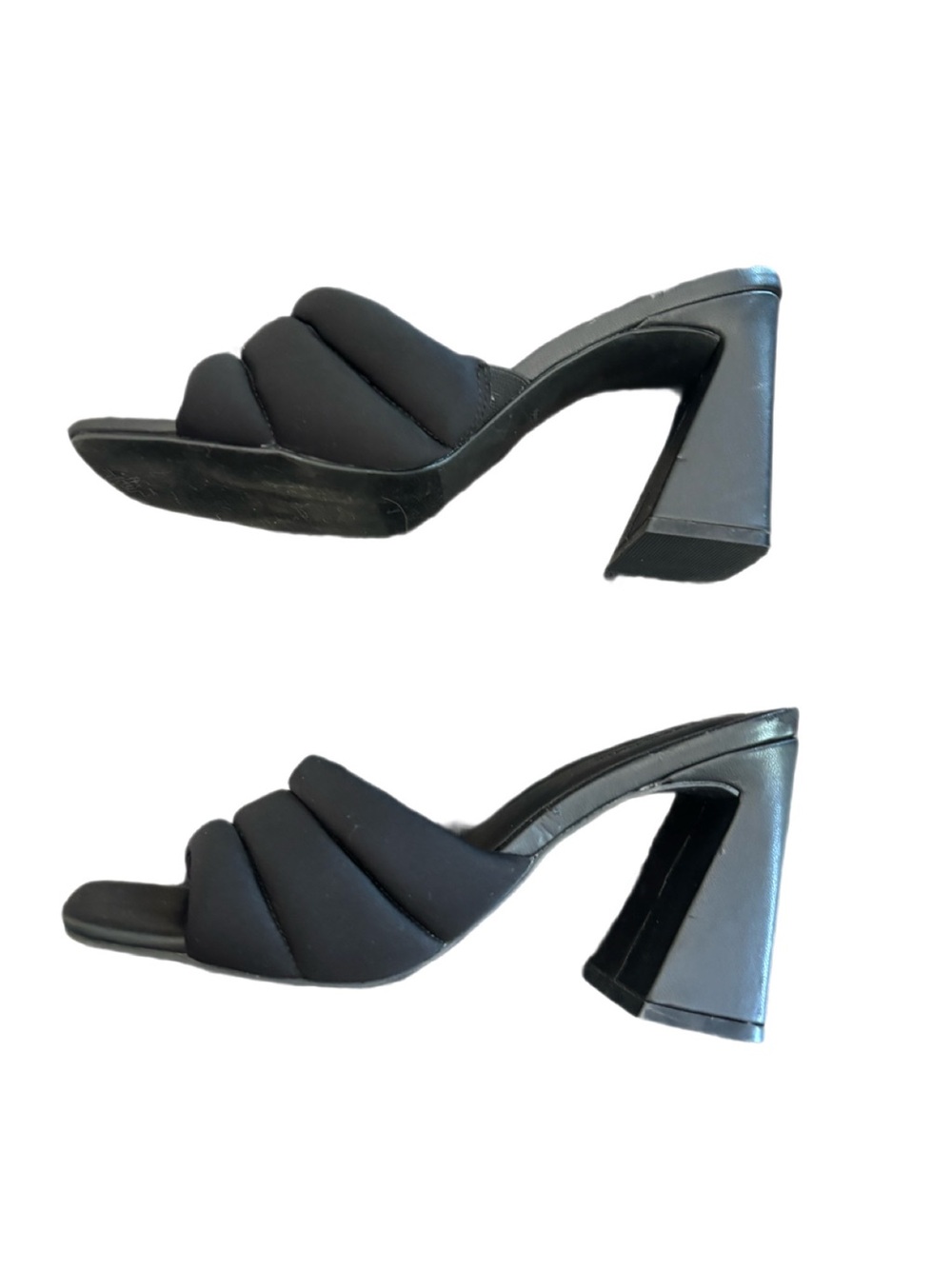 Open Edit Sheena Block Heel Sandals in Black, Square Toe Puffy Strap, Size 8